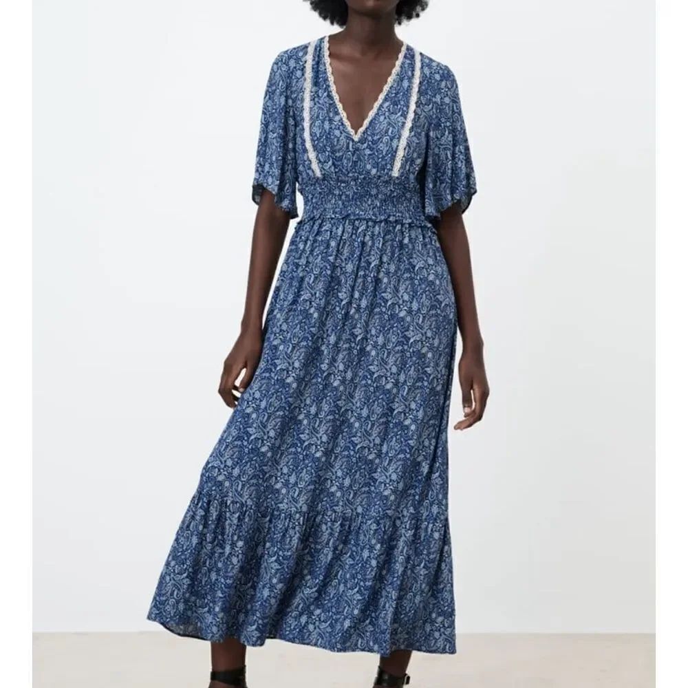 Zara Paisley Printed Midi Dress Blue Small